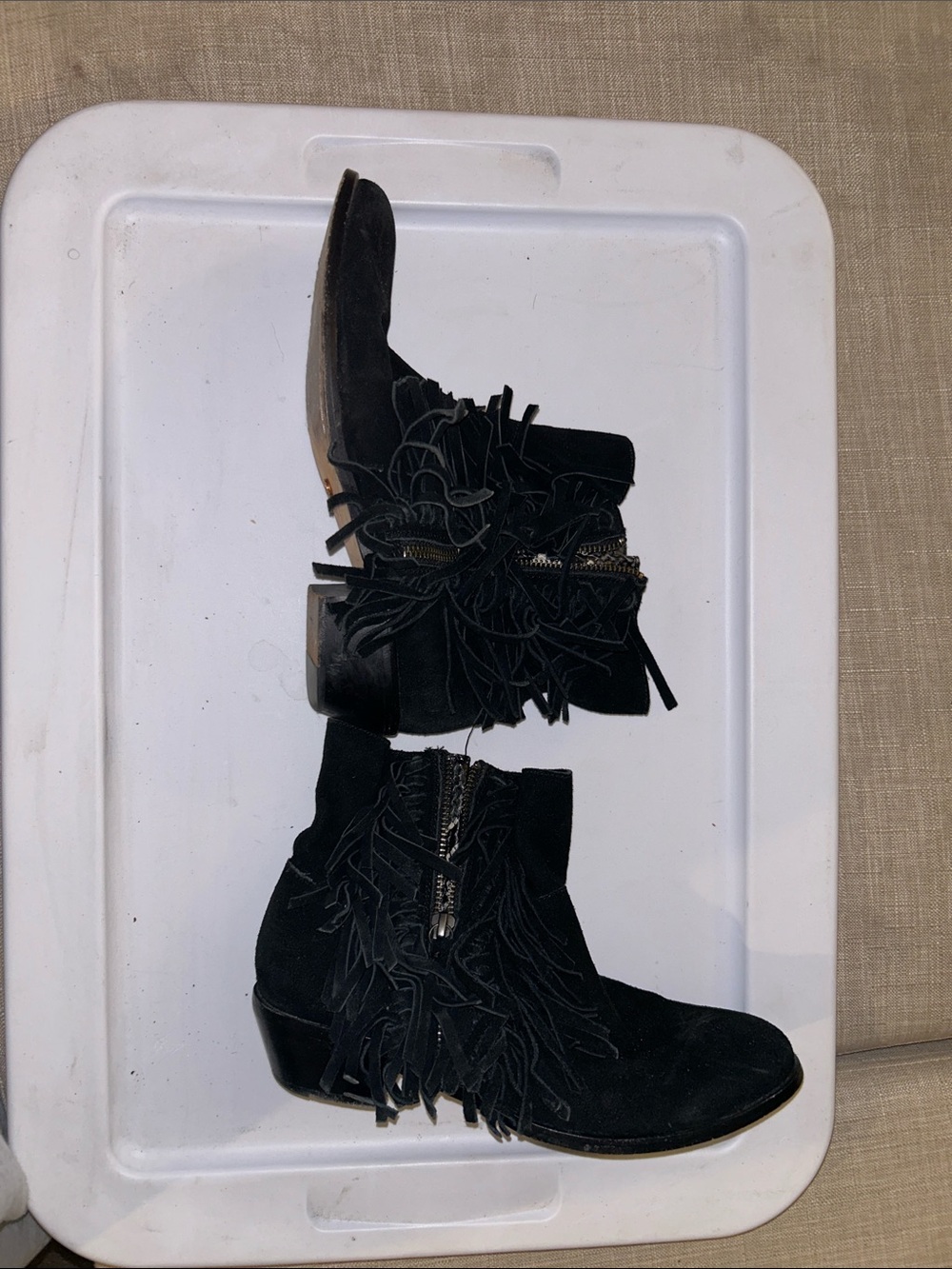 Cynthia Vincent Black Suede Fringe Ankle Boots